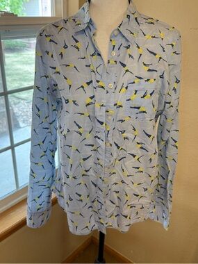 Light Blue Men's Button-Up Shirt with Navy & Yellow Bird Print